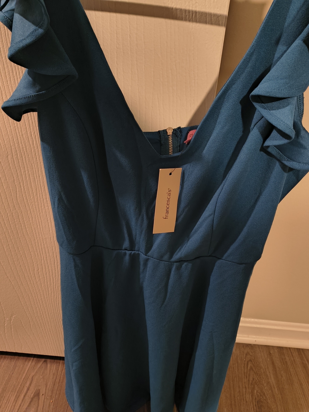 Francesca's Teal Ruffle Sleeve Fit-and-Flare Dress